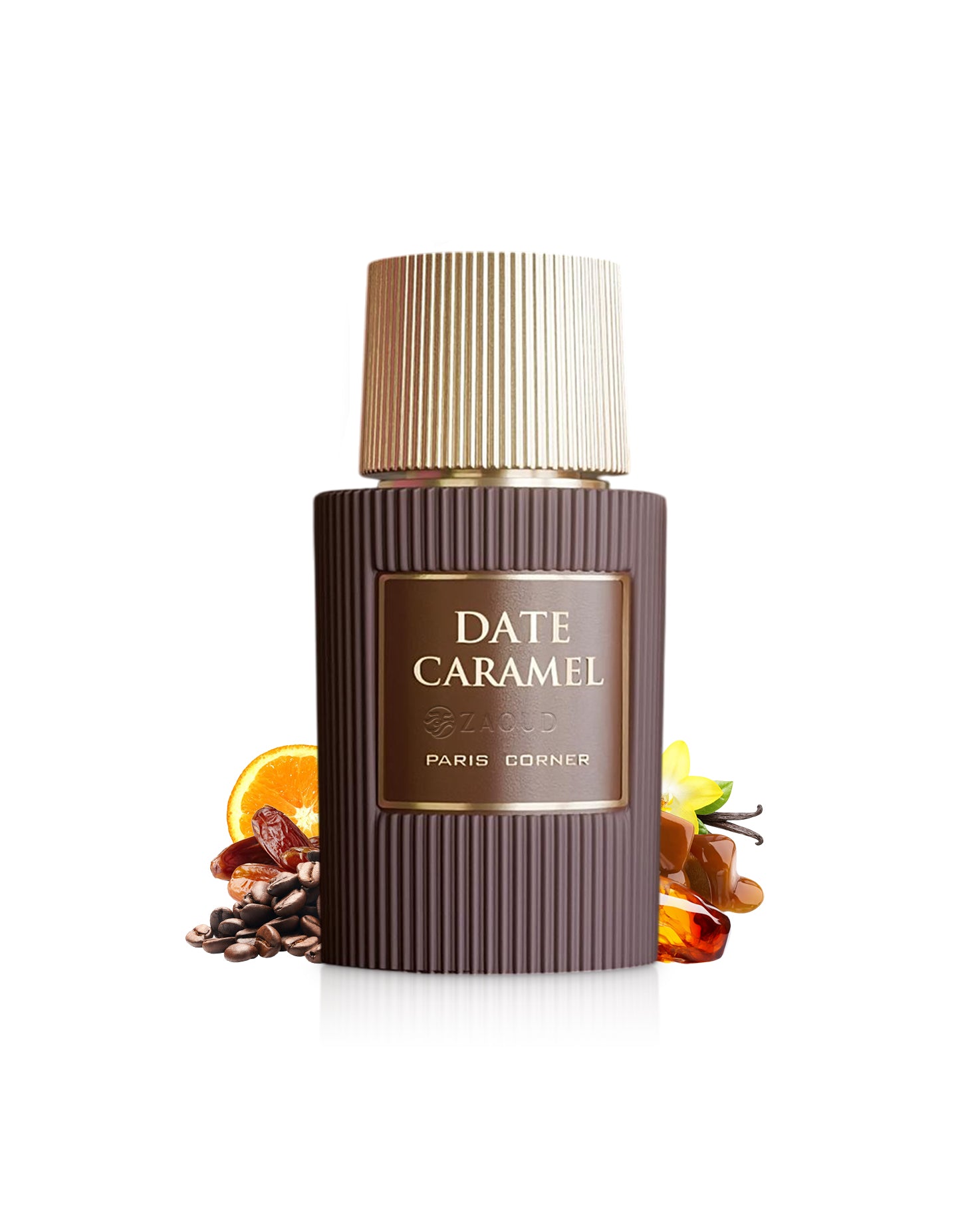 paris corner date caramel perfume bottle surrounded with fragrance notes like like dates and coffee shows against white backgrounds