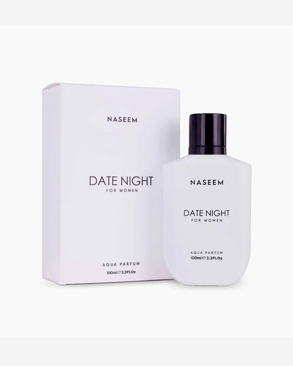 date night for women by naseem perfumes bottle beside its box shows against white bakckground