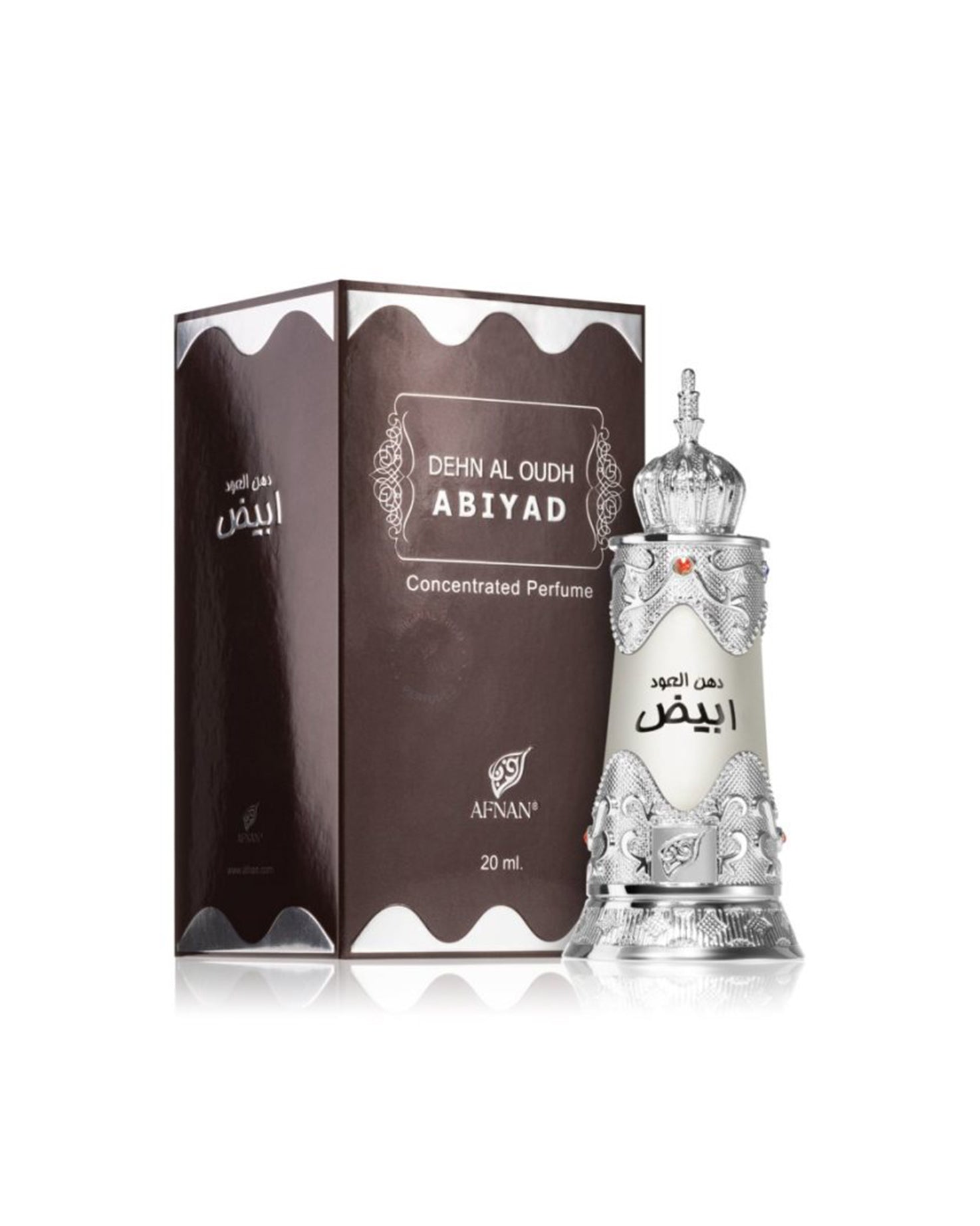 Dehn al oudh abiyad perfumed oil bottle and box against white background