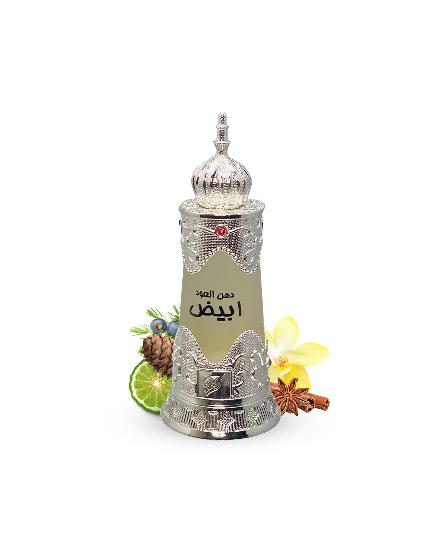 Dehn al oudh abiyad perfumed oil bottle surrounded by musk amber against white background