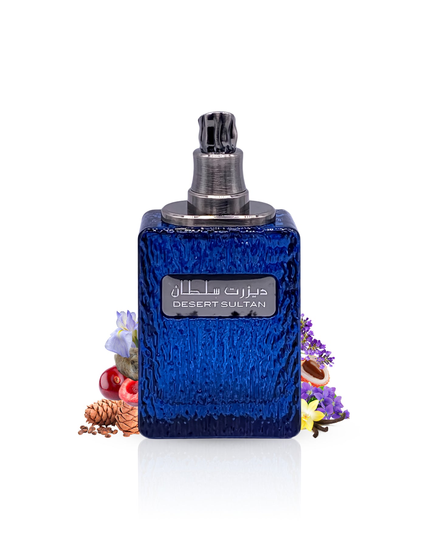 desert sultan sapphire by ard al zaafaran perfume bottle surrounded with its ingredients like litchie and vanilla with many others shows from behind the bottle against white background