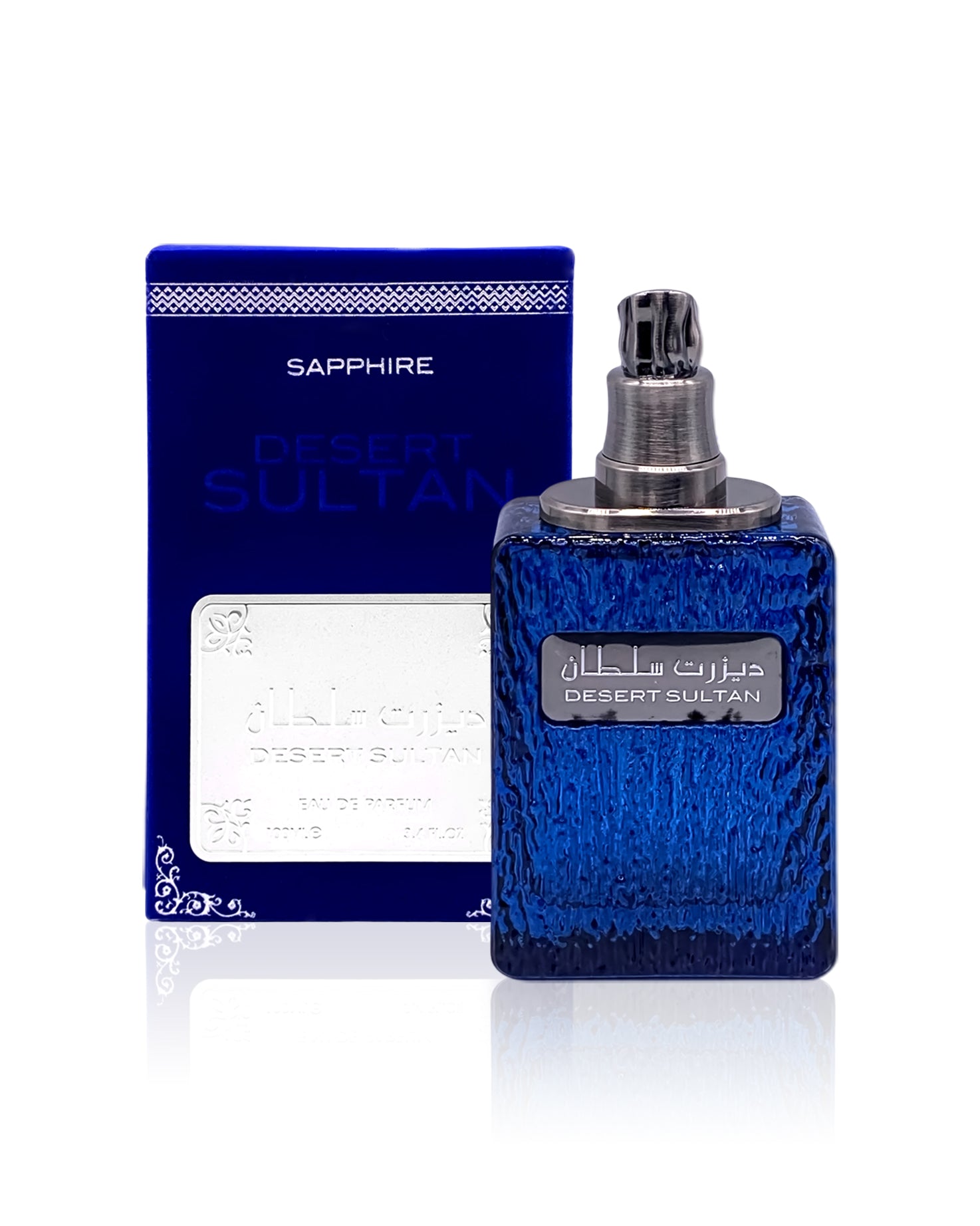 desert sultan sapphire by ard al zaafaran perfume bottle shows beside its box against white background