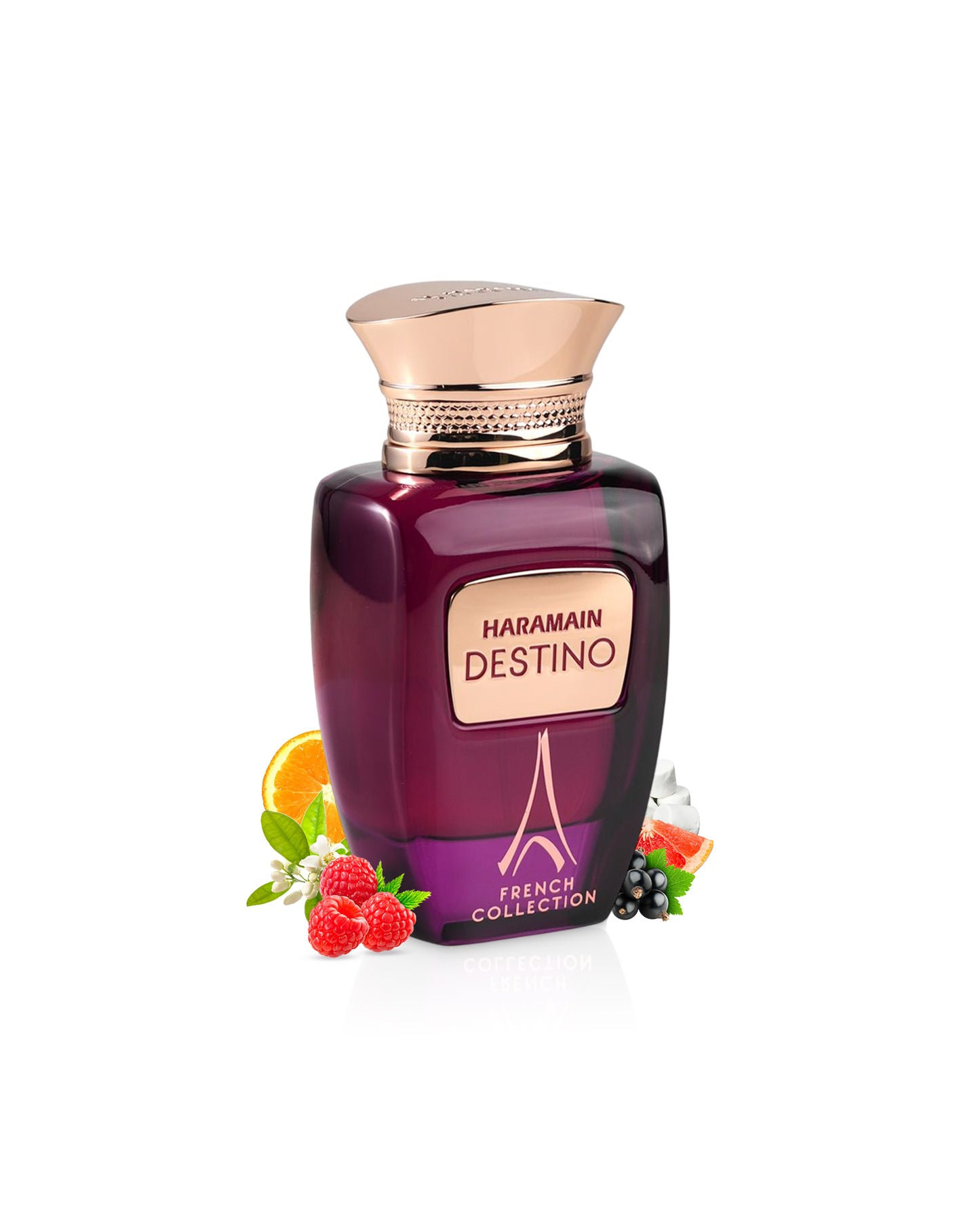 destno edp perfume bottle surrounded with fragrance notes like raspberry and jasmine shows against white background