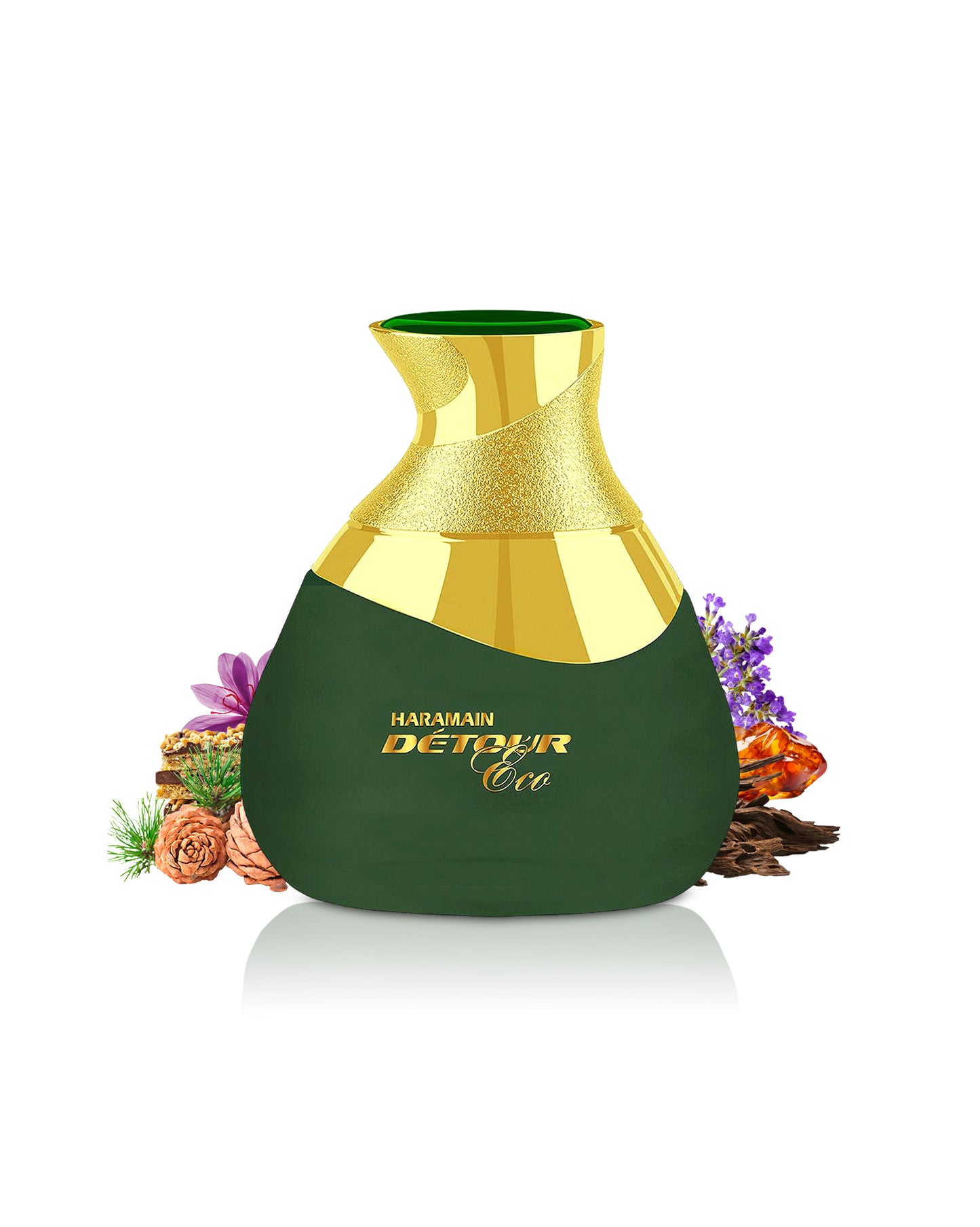 Al haramain detour eco perfume green bottle surrounded with fragrance notes like saffron and amber shows from behind the bottle against white background