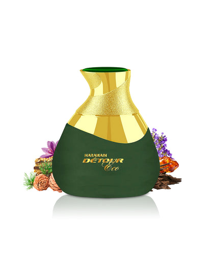 Al haramain detour eco perfume green bottle surrounded with fragrance notes like saffron and amber shows from behind the bottle against white background