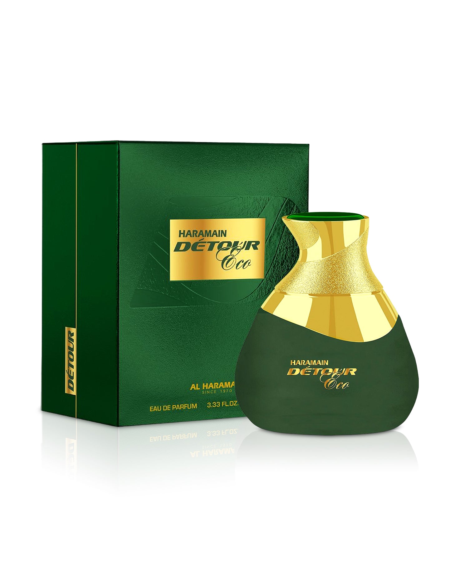 Al haramain detour eco perfume green bottle shows beside it’s box against white background