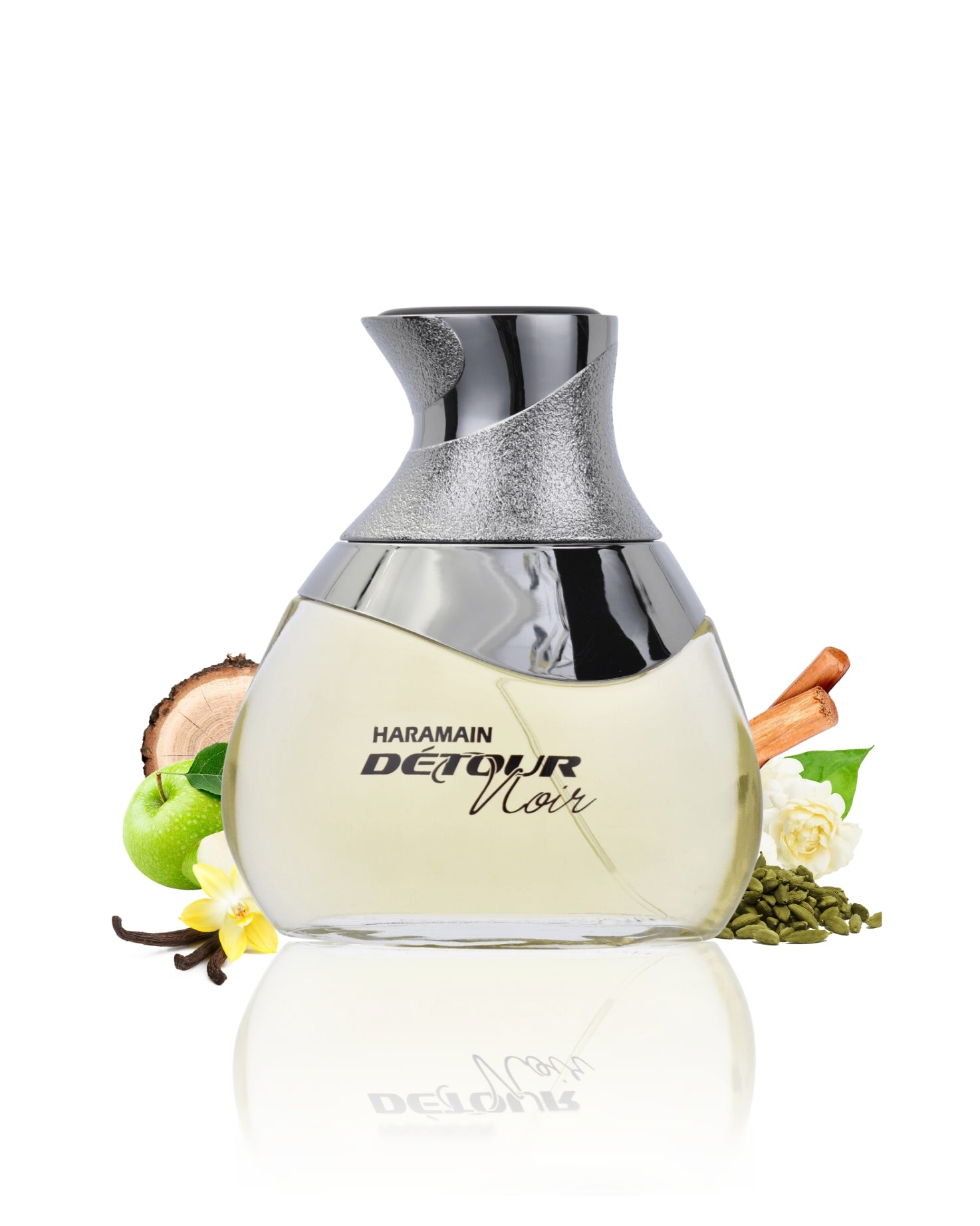Detour noir perfume bottle surrounded by vanilla apple against white background