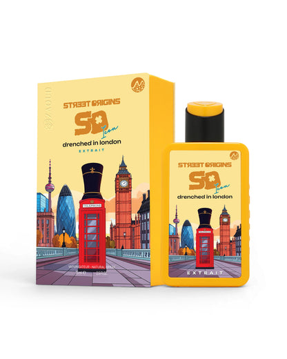 drenched in london perfume bottle shows beside its packaging against white background