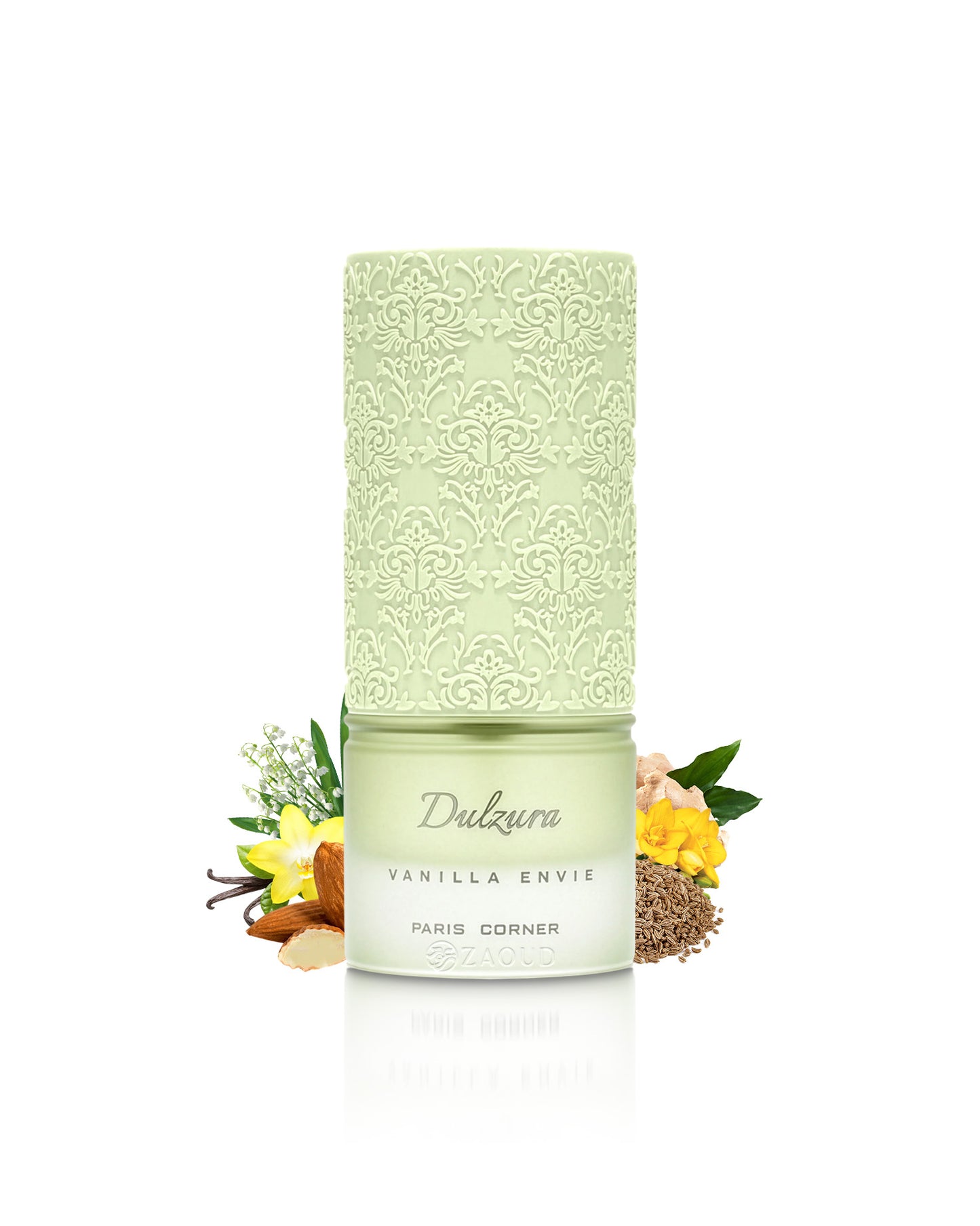 dulzura vanilla envie perfume bottle surrounded with fragrance notes like almond and vanilla shows against white background