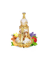 dunes of dubai perfume oil bottle surrounded by fragrance notes like fruits and vanilla shows against white background