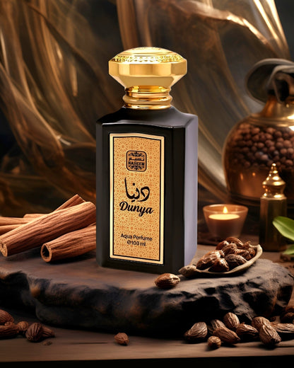 Dunya aqua parfum by naseem perfume bottle photograph over a old rock piece surrounded with spices at ground with oriental scenery background