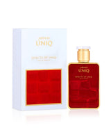 effects of uniq perfume bottle shows beside its box against white background