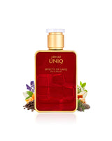 effects of uniq perfume bottle surrounded with fragrance notes like coffee and caramel shows against white background