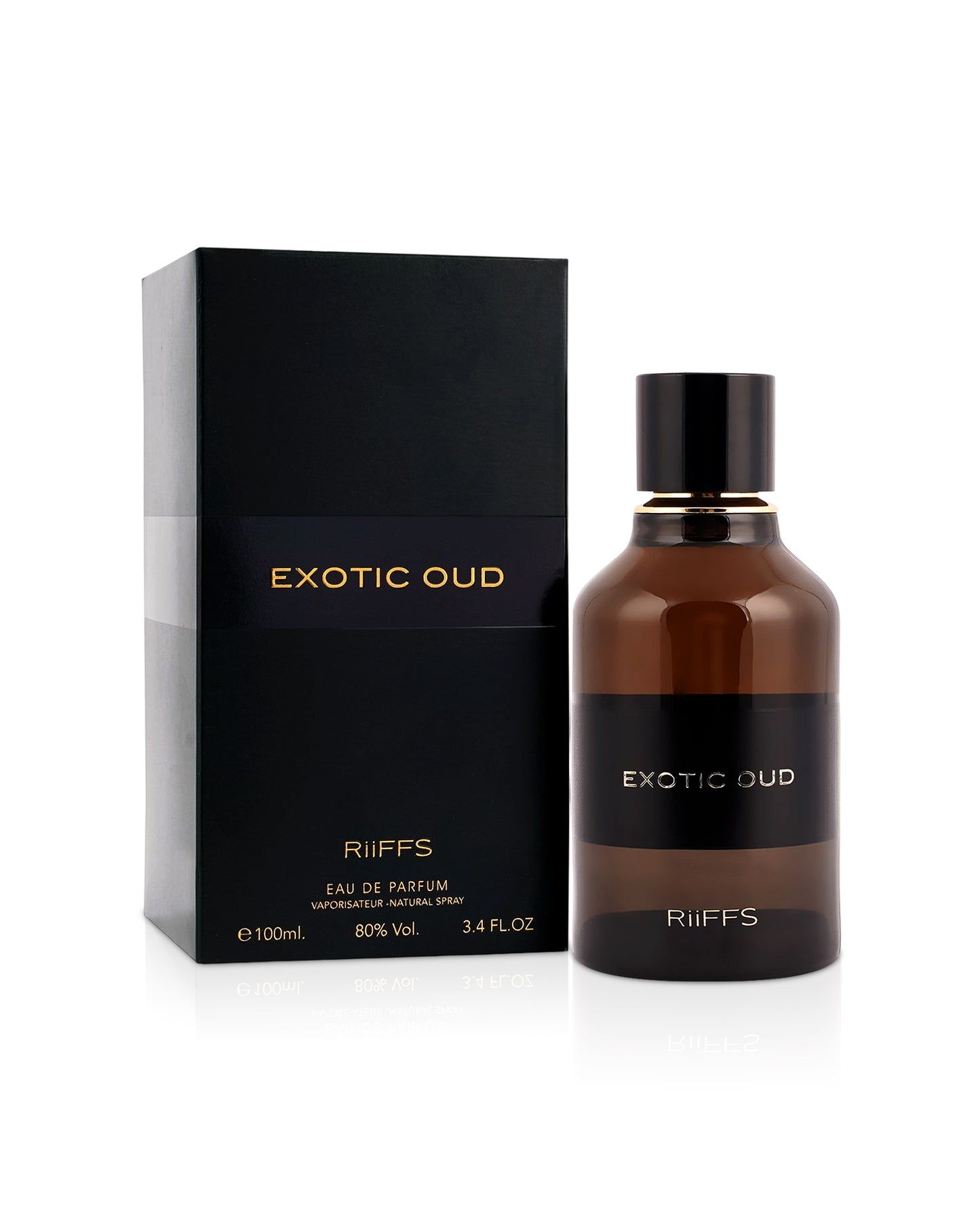 exotic oud by riiffs perfumes bottle shows beside its box against white background