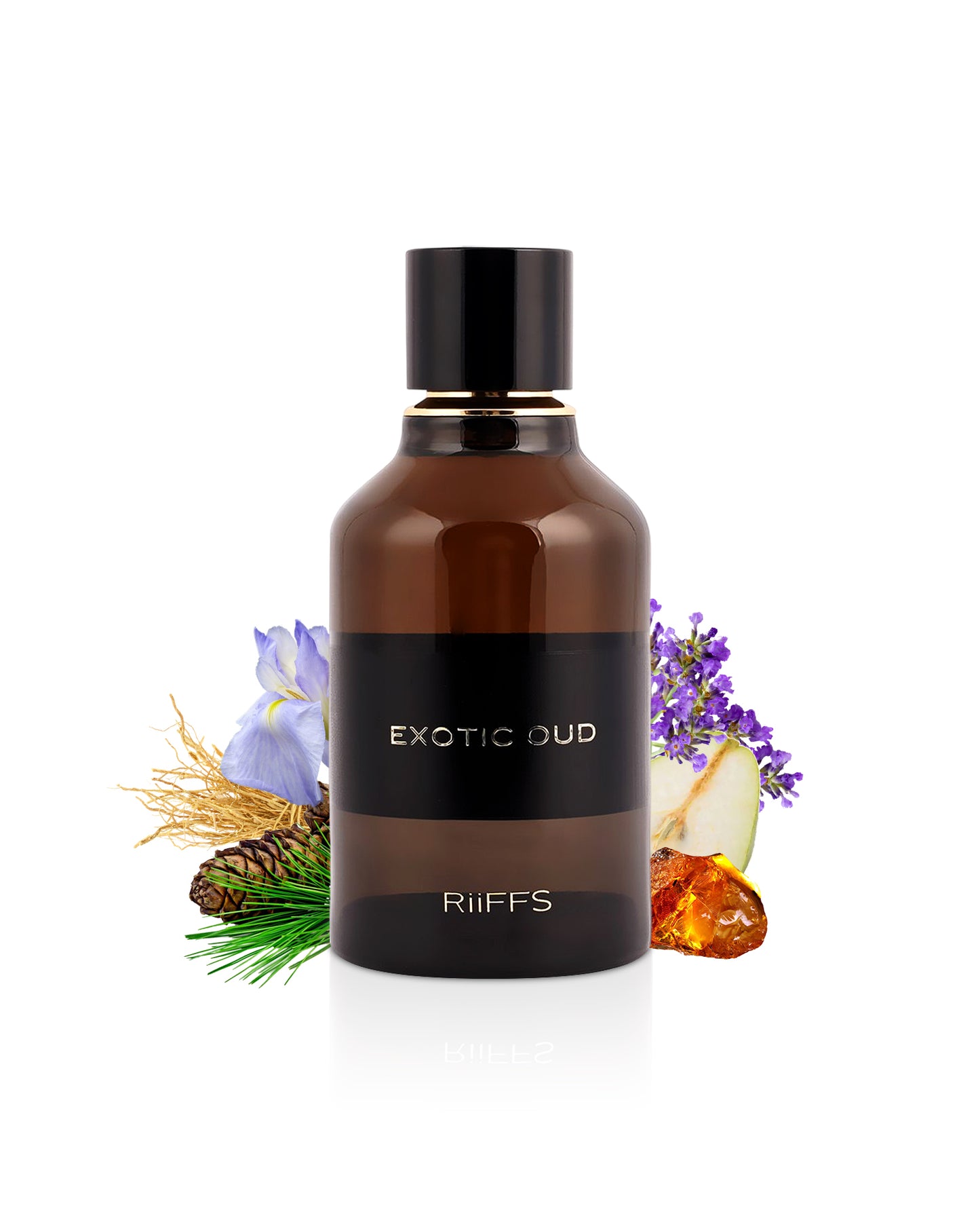 exotic oud by riiffs perfumes bottle surounded with its ingredients like amber and iris beside many others like pear shows against white background