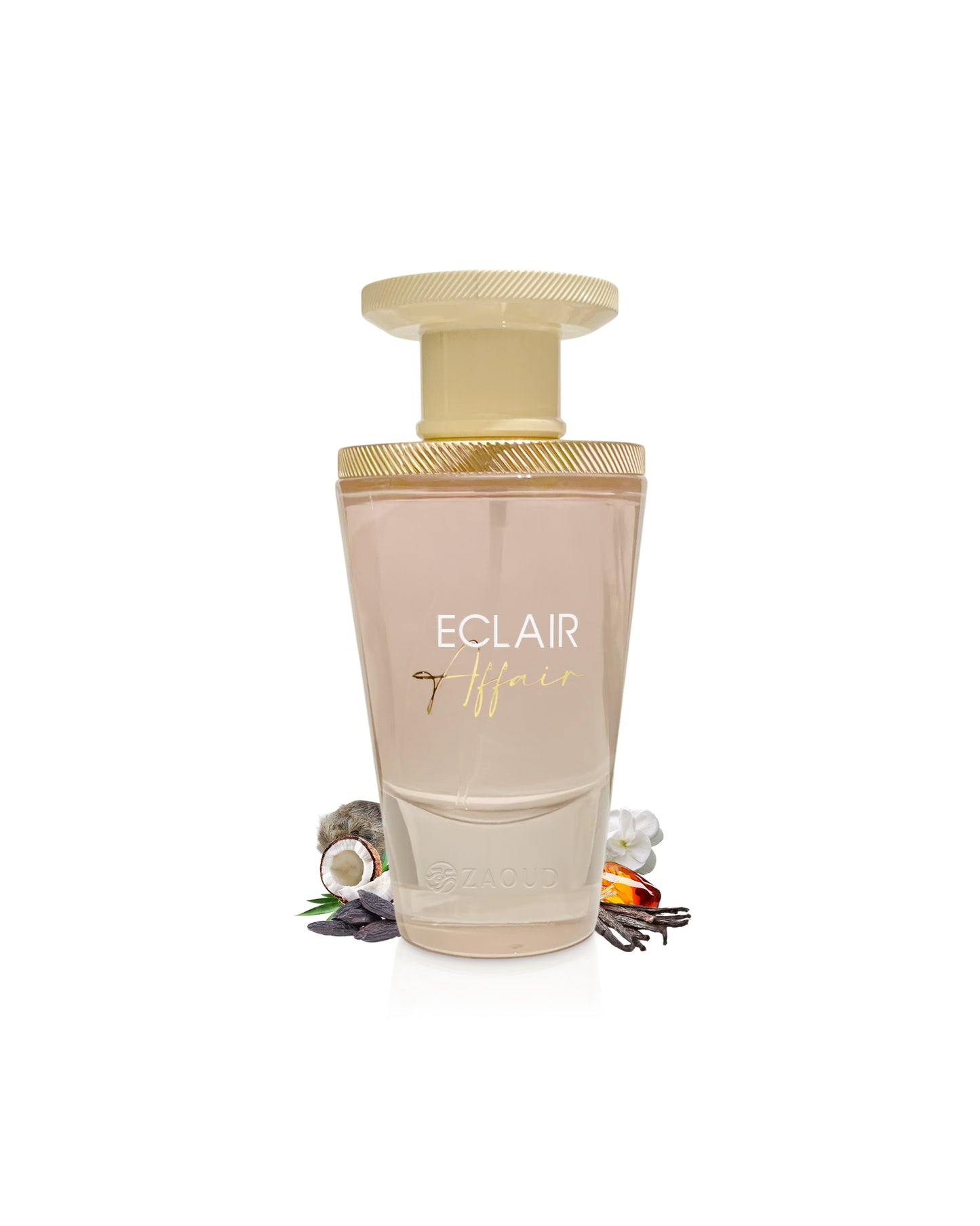 french avenue eclair affair perfume bottle surrounded with fragrance notes likr coconut and vanilla shows against white background