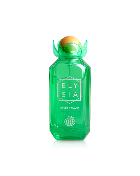 elysia sweet vanilla perfume green bottle shows against white background
