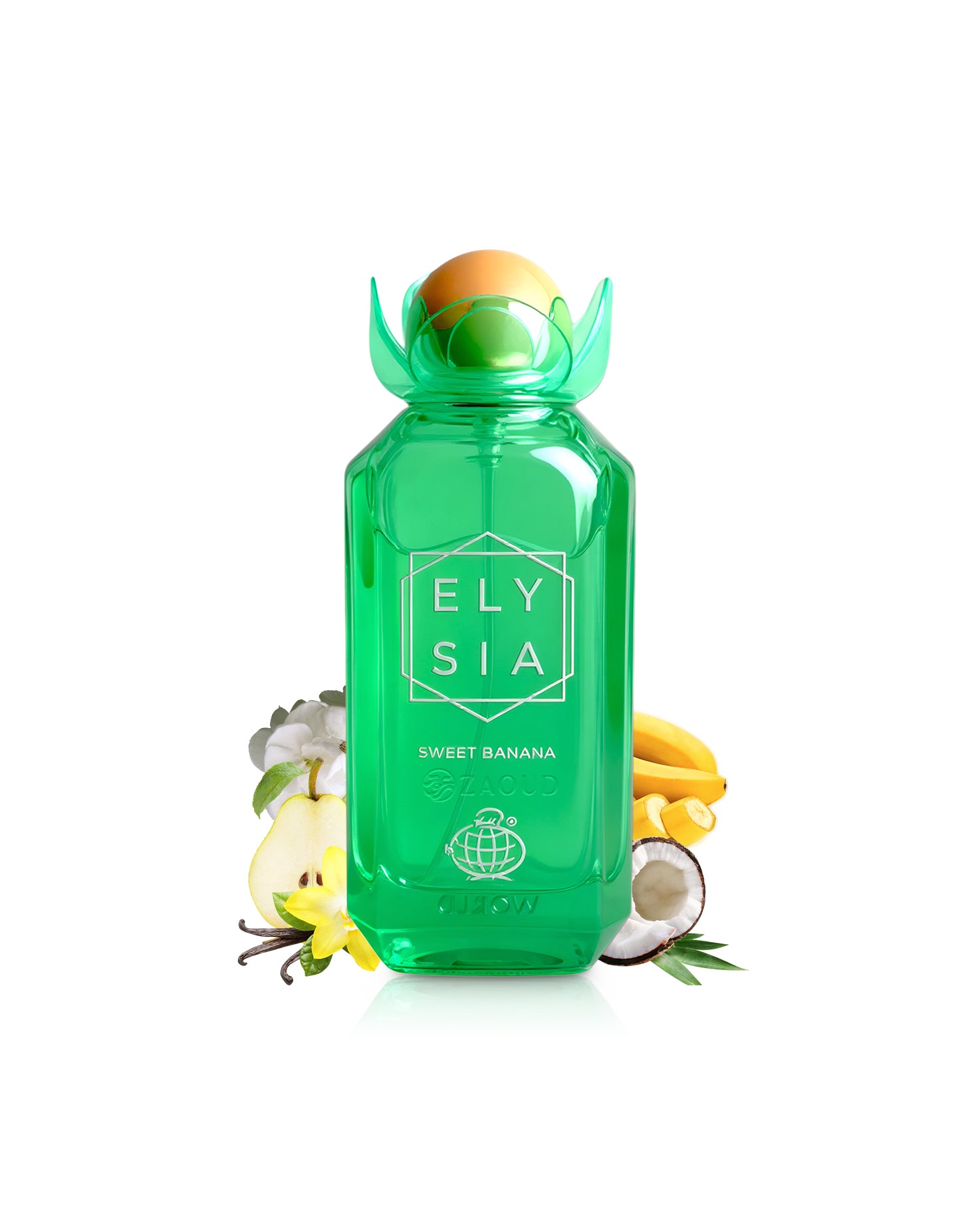 elysia sweet vanilla perfume green bottlesurrounded by fragrance notes like banana and coconut  shows against white background