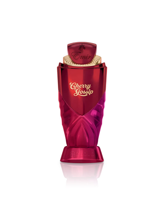 emir Red perfume bottle with 'Cherry Gossip' text on a white background