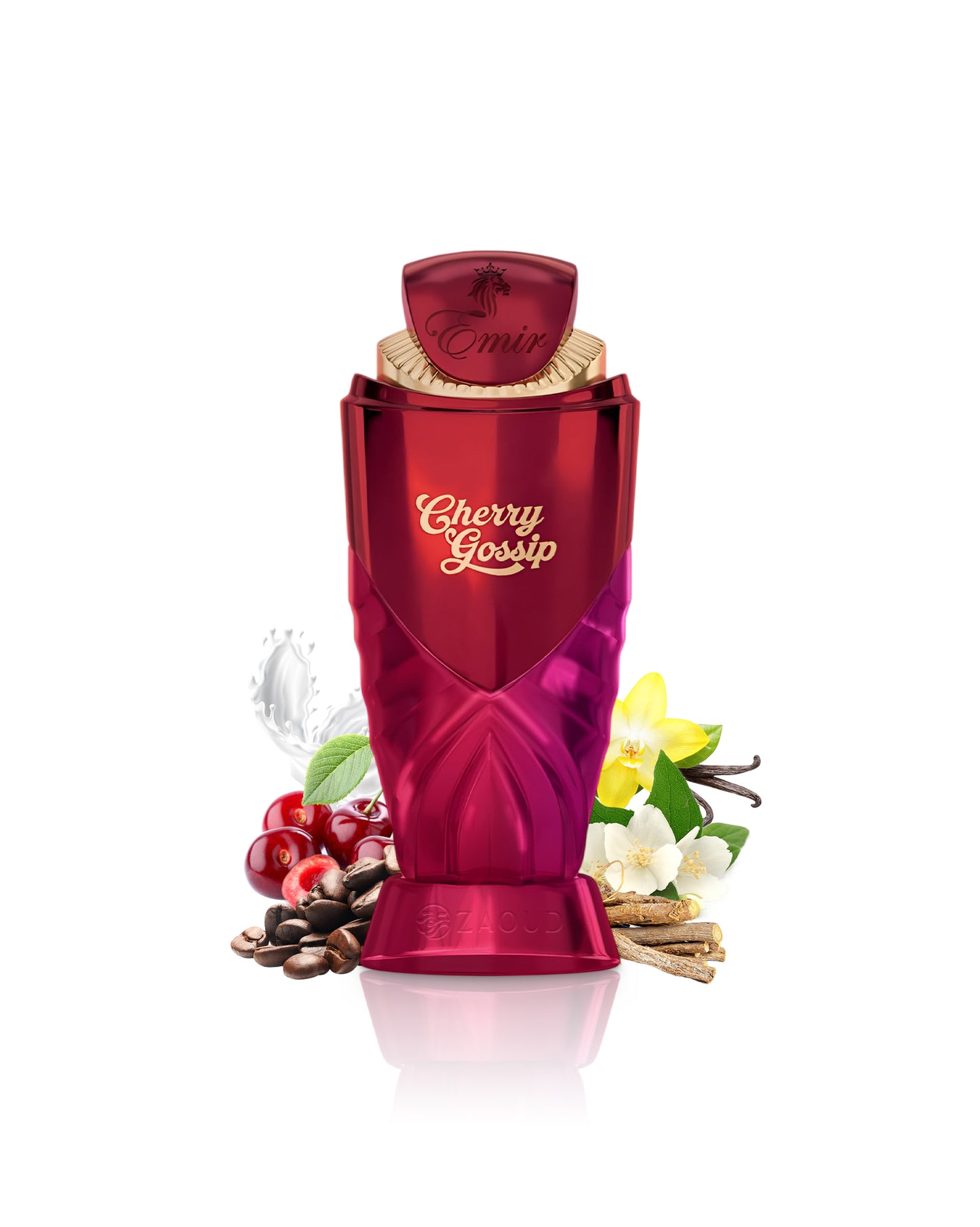 Red perfume bottle labeled 'Cherry Glossip' with floral and fruit elements like coffee and cherry  on a white background