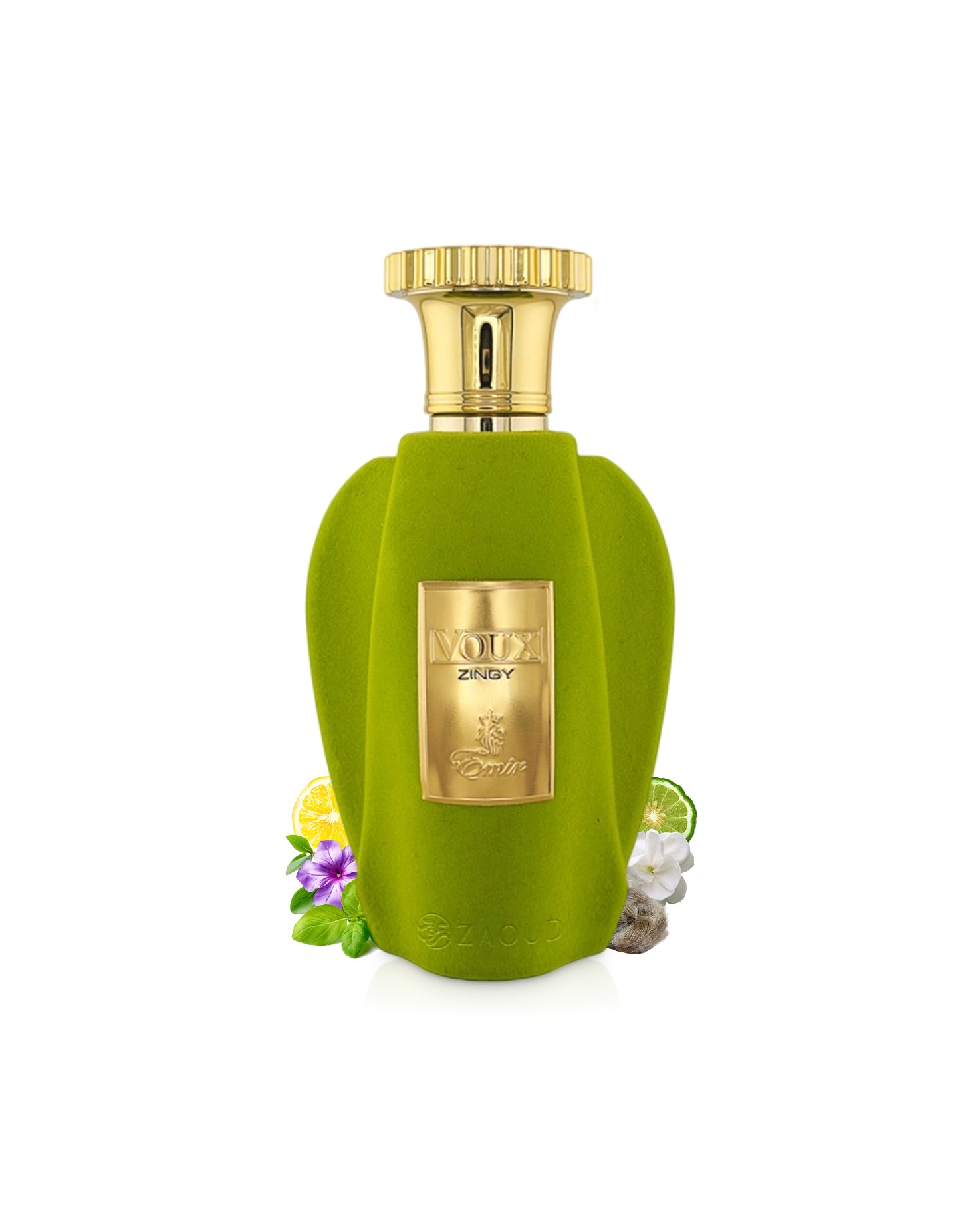 emir voux zingy perfume bottle surrounded with fragrance notes like musk and citrus shows against white background