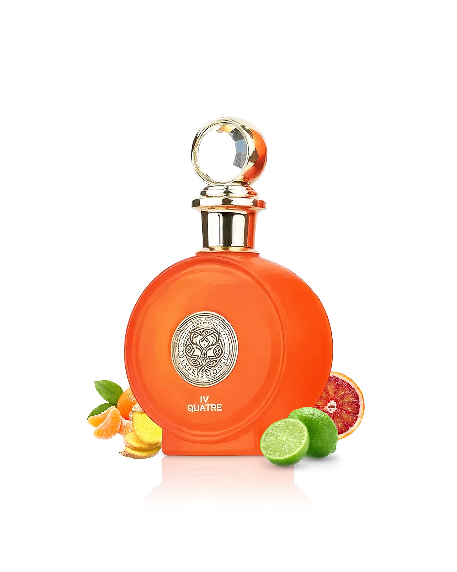 North Stag Expressions IV QUATRE extrait de parfum bottle surrounded with fragrance notes like citrus and ginger shows around the bottle against white background