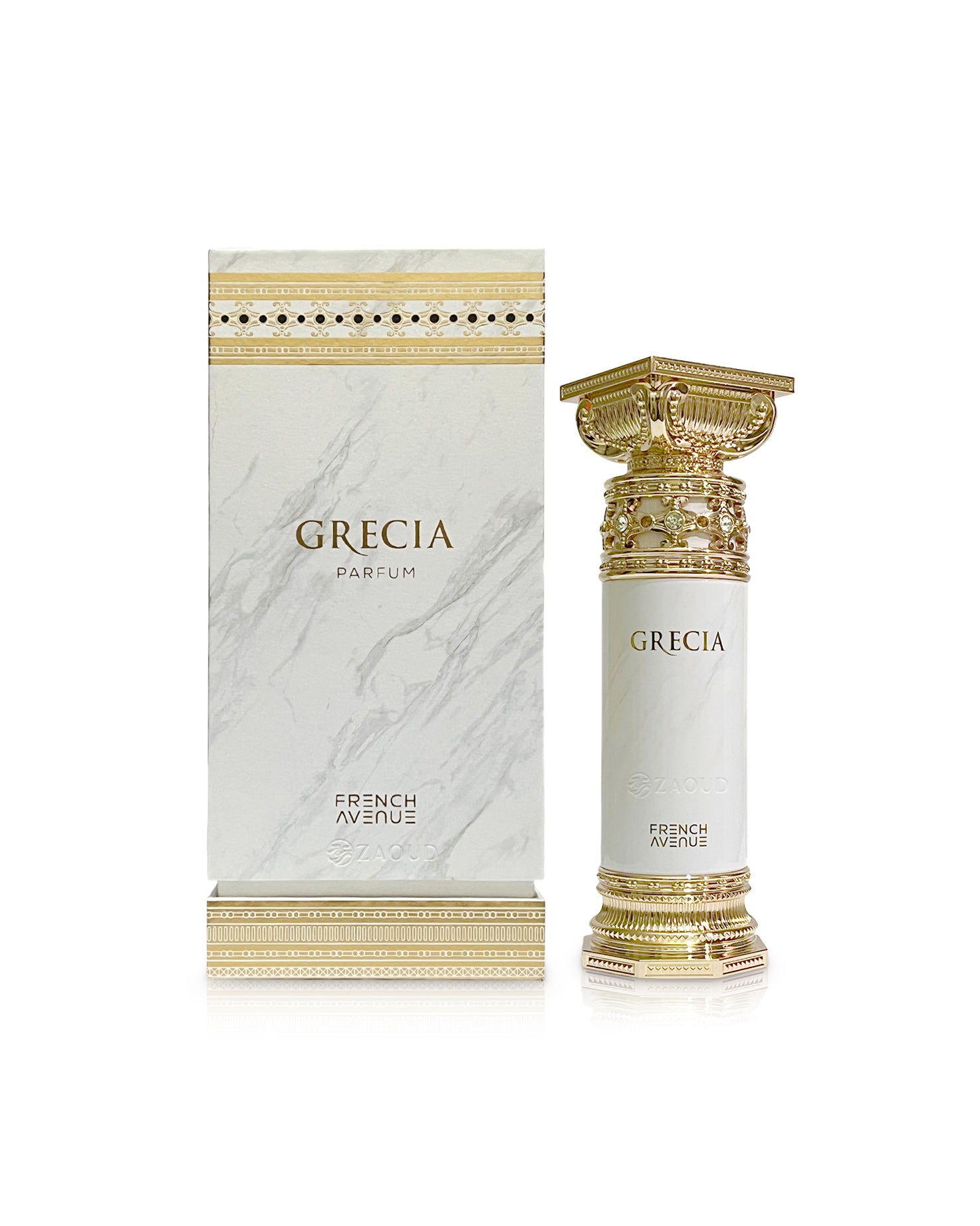 french avenue grecia perfume bottle shows beside its box  against white background 