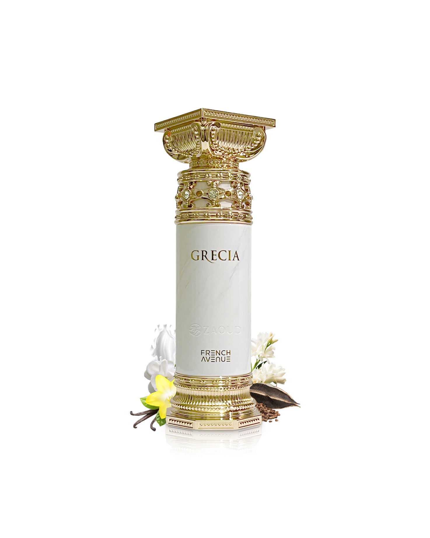 french avenue grecia perfume bottle surrounded with fragrance notes like vanilla and ambrette shows against white background 