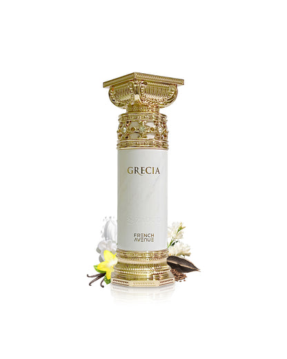 french avenue grecia perfume bottle surrounded with fragrance notes like vanilla and ambrette shows against white background 
