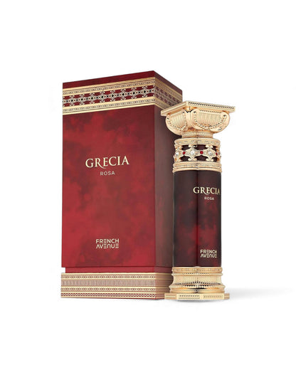 Grecia Rosa perfume bottle and packaging on a white background