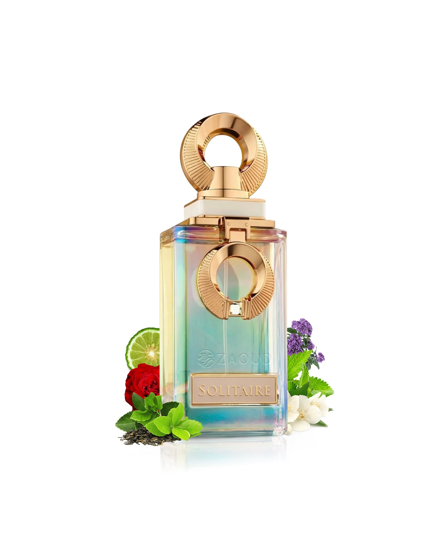french avenue perfume bottle surrounded by fragrance notes like green tea and rose shows against white background 