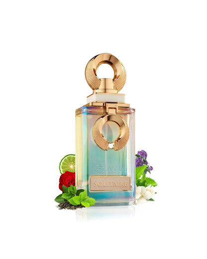 french avenue perfume bottle surrounded by fragrance notes like green tea and rose shows against white background 