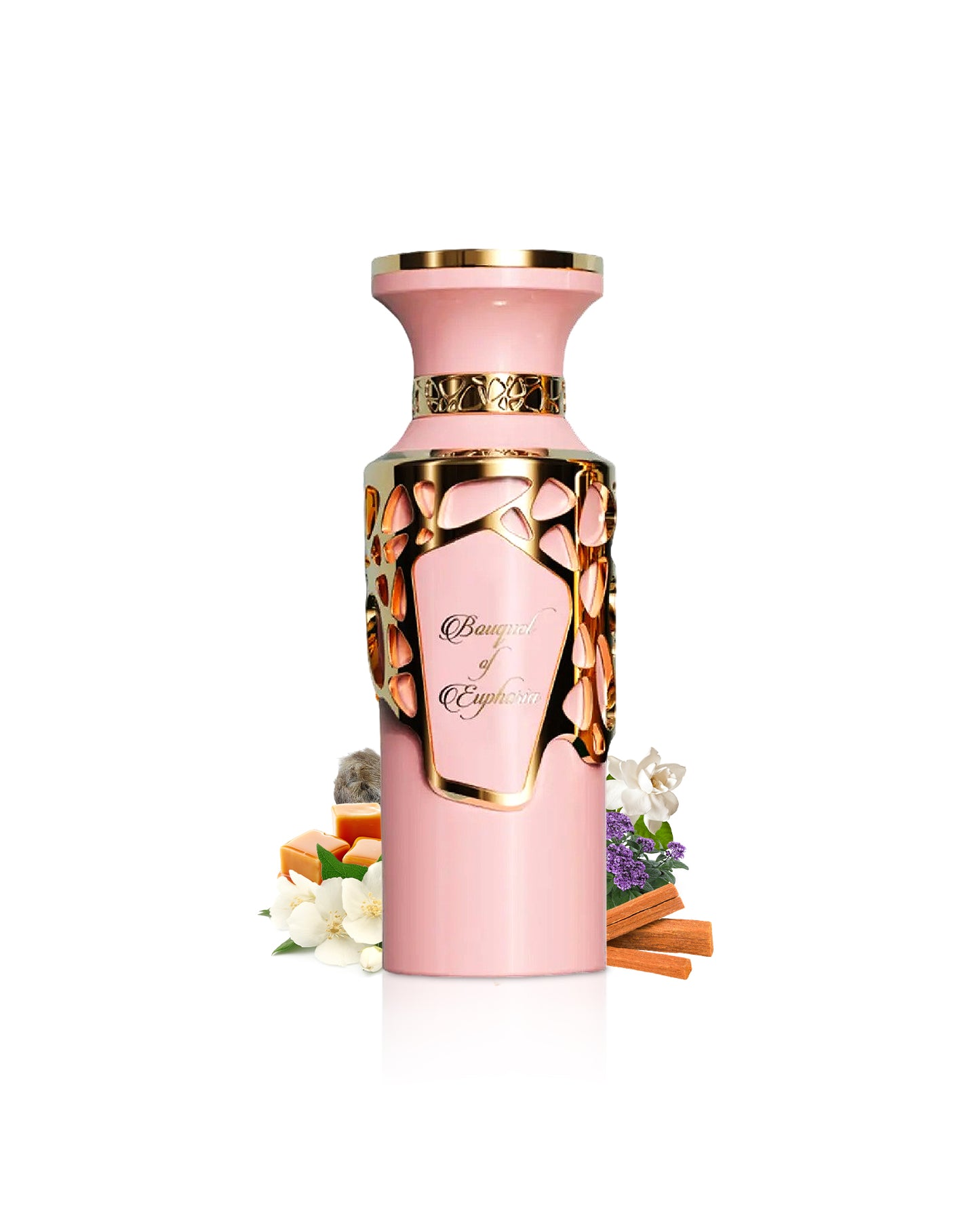 french avenue bouquet of euphoria perfume bottle surrounded with its ingredients like jasmine and caramel shows from behind the bottle against white background