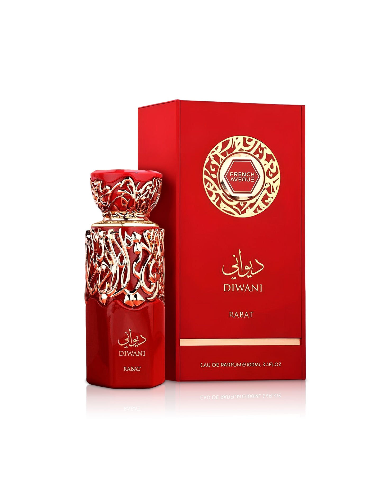 french avenue diwani rabat perfume bottle shows beside its box against white background