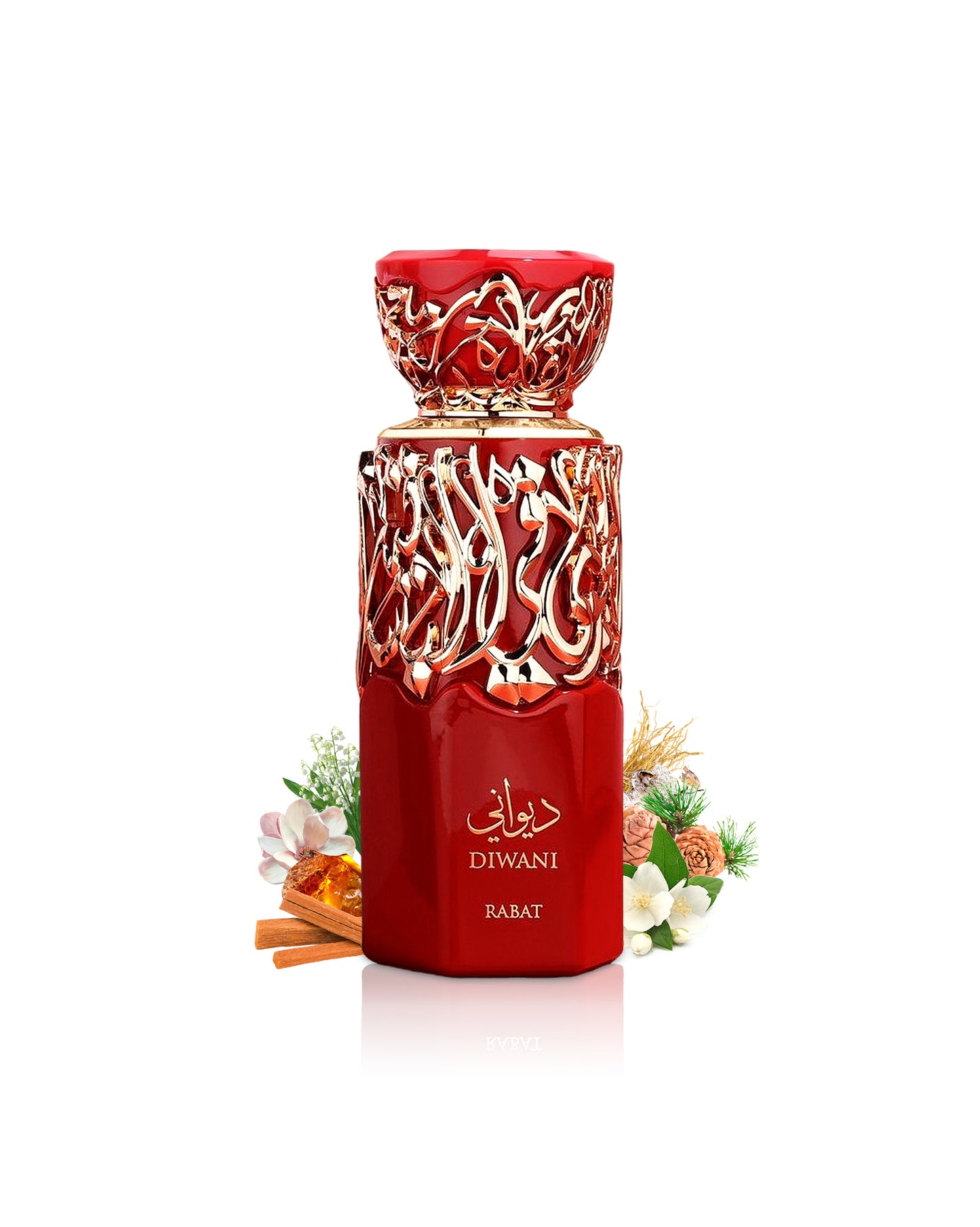 french avenue diwani rabat perfume bottle surrounded with its ingredients like jasmine and amber with many others shows from behind the bottle against white background