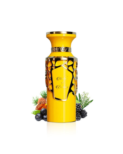 french avenue nectar of ecstasy by fragrance world perfume bottle surrounded with its ingredients like berries and amber shows from behind the bottle against white background 