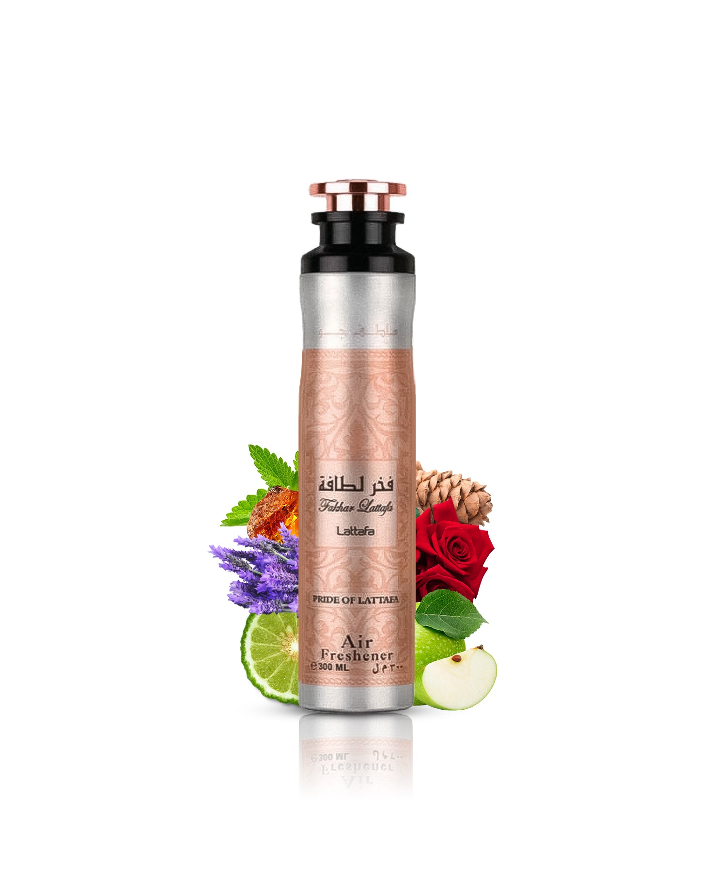 Fakhar air freshner bottle surrounded by apple rose against white background