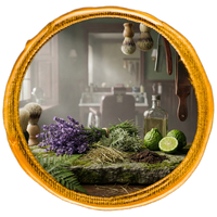 Round mirror with decorative yellow frame showing a reflection of a room with lavender, herbs and citrus.