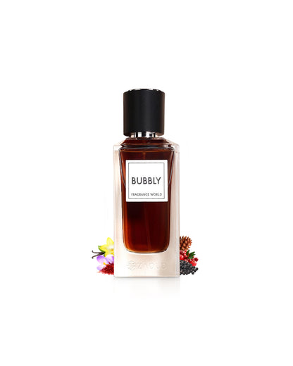 FRAGRANCE WORLD BUBBLY Perfume bottle labeled 'Bubbly' with decorative elements LIKE SAFFRON AND VANILLA on a white background