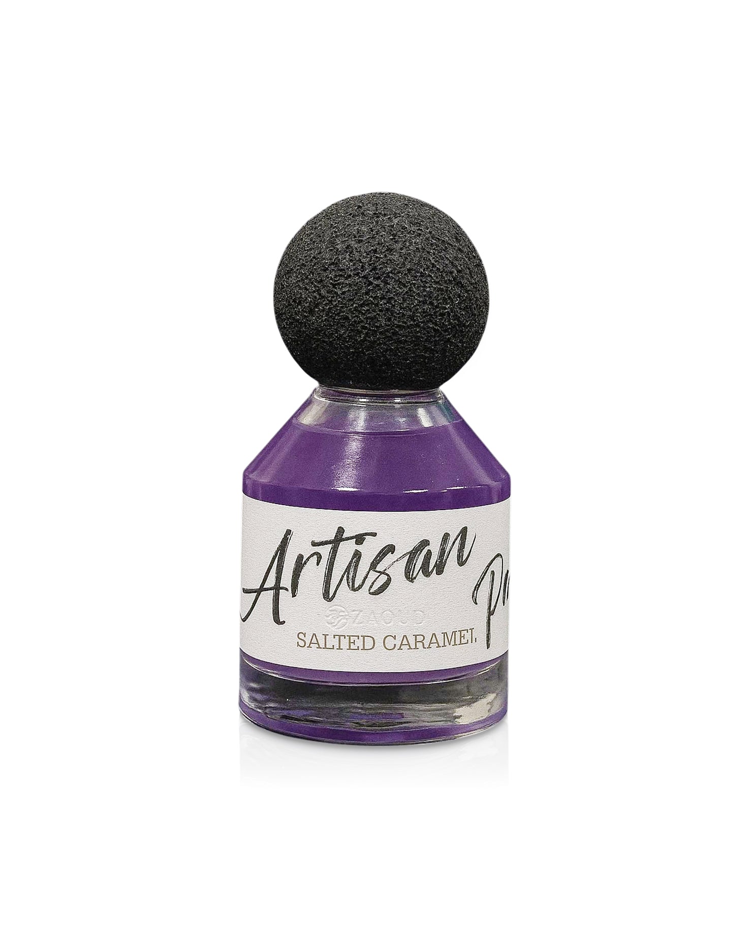 Bottle of Artisan Salted Caramel with a black CAPE top on a white background