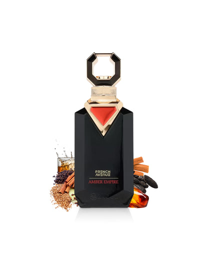 french avenue amber empire perfume black bottle surrounded by fragrance notes like spices and amber shows against white background