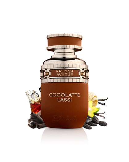 french avenue cocolatte perfume bottle surrounded by chocolate and tonka shows against white background
