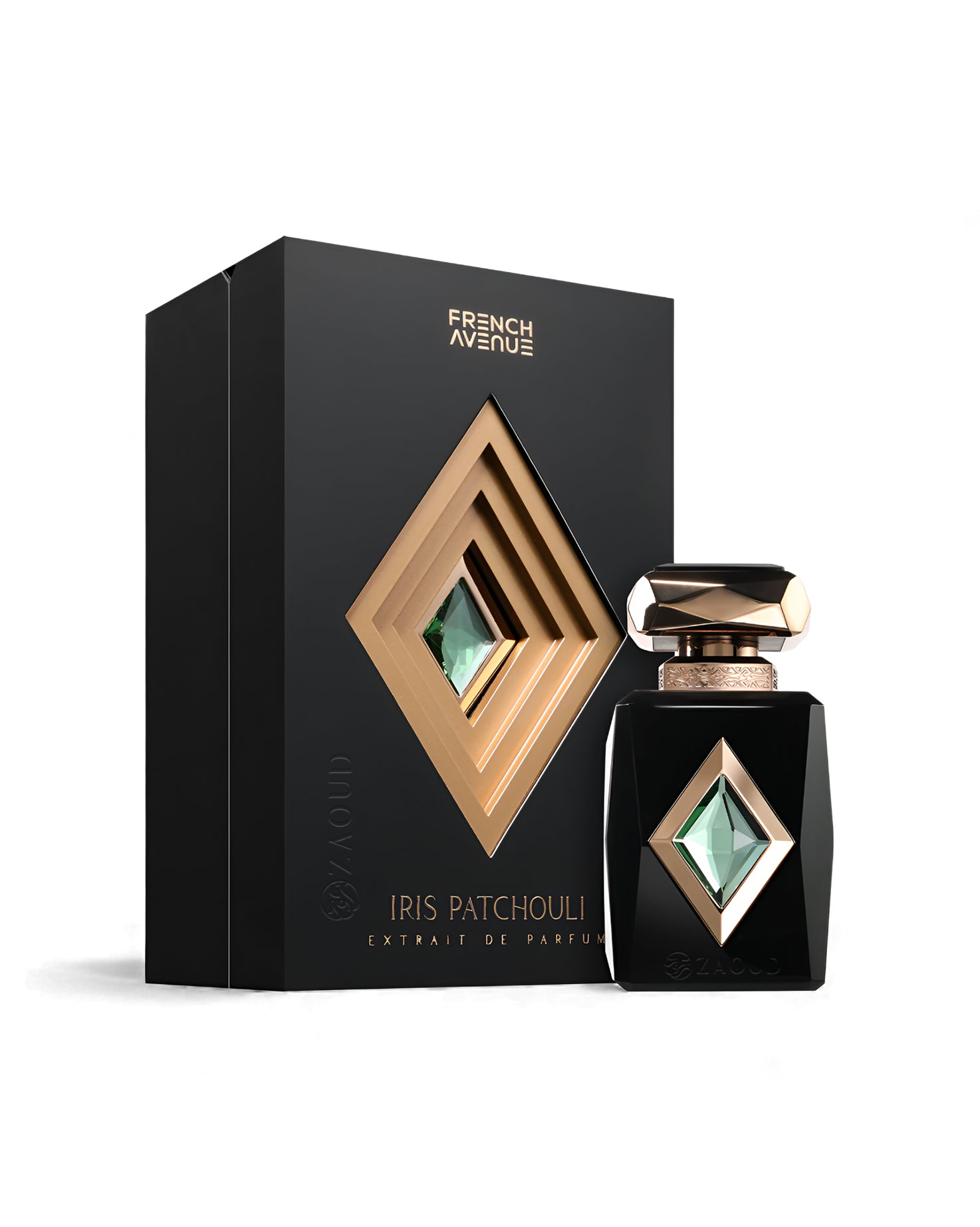 french avenue iris patchouli perfume bottle shows beside its packaging against white background