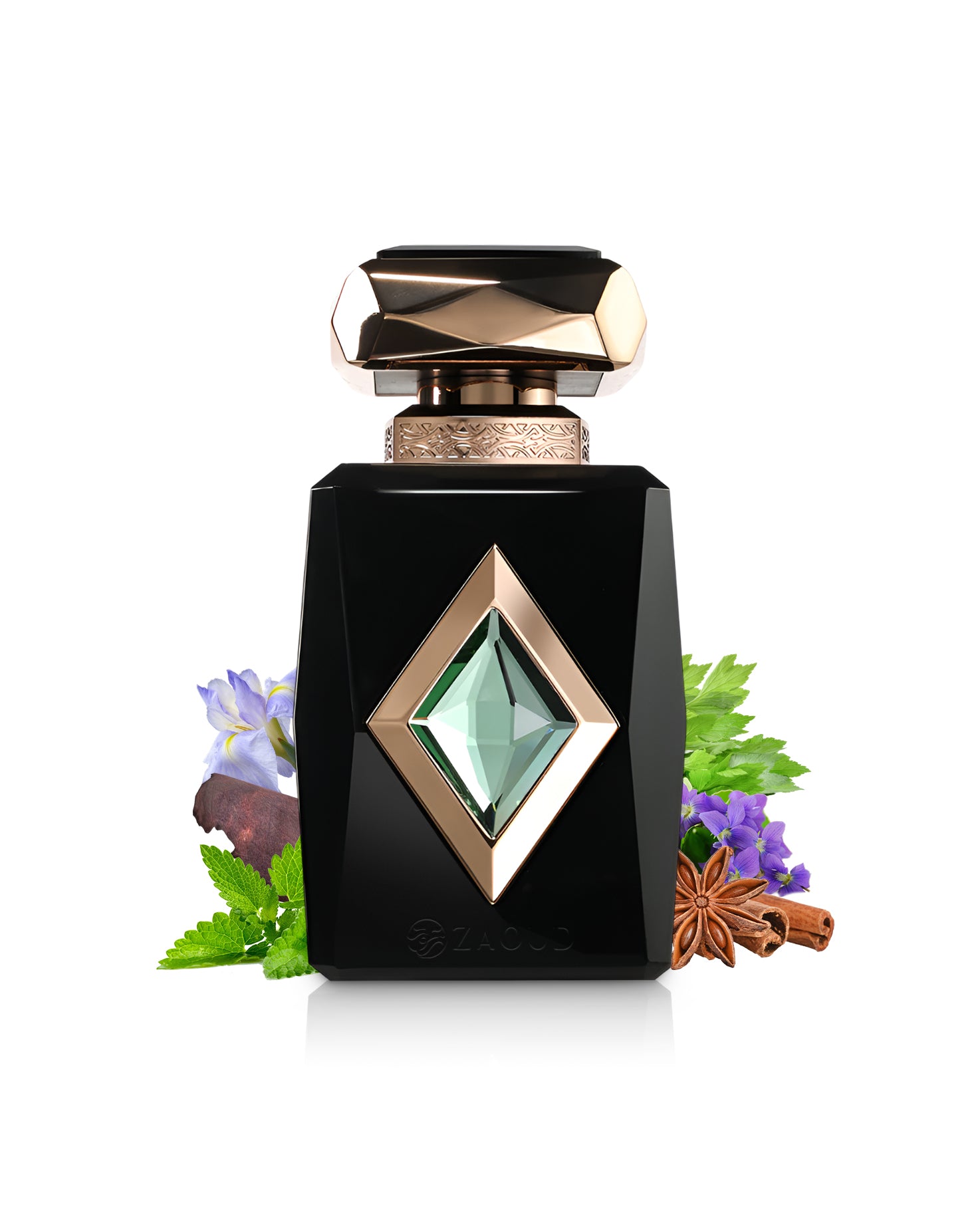 french avenue iris patchouli perfume bottle surrounded by fragrance notes like spices shows against white background