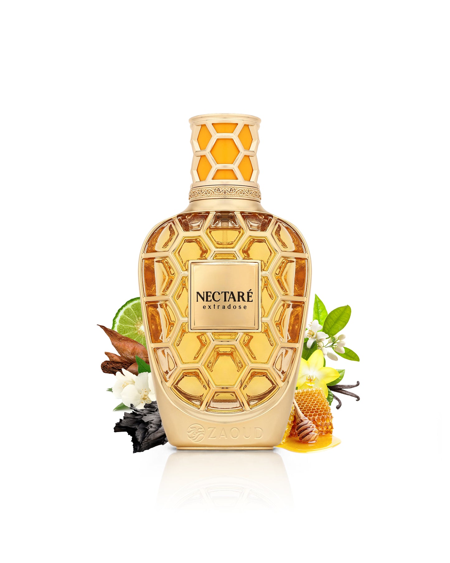 french avenue nectare extradose perfume bottle surrounded by fragrance notes like honey and jasmine shows against white background