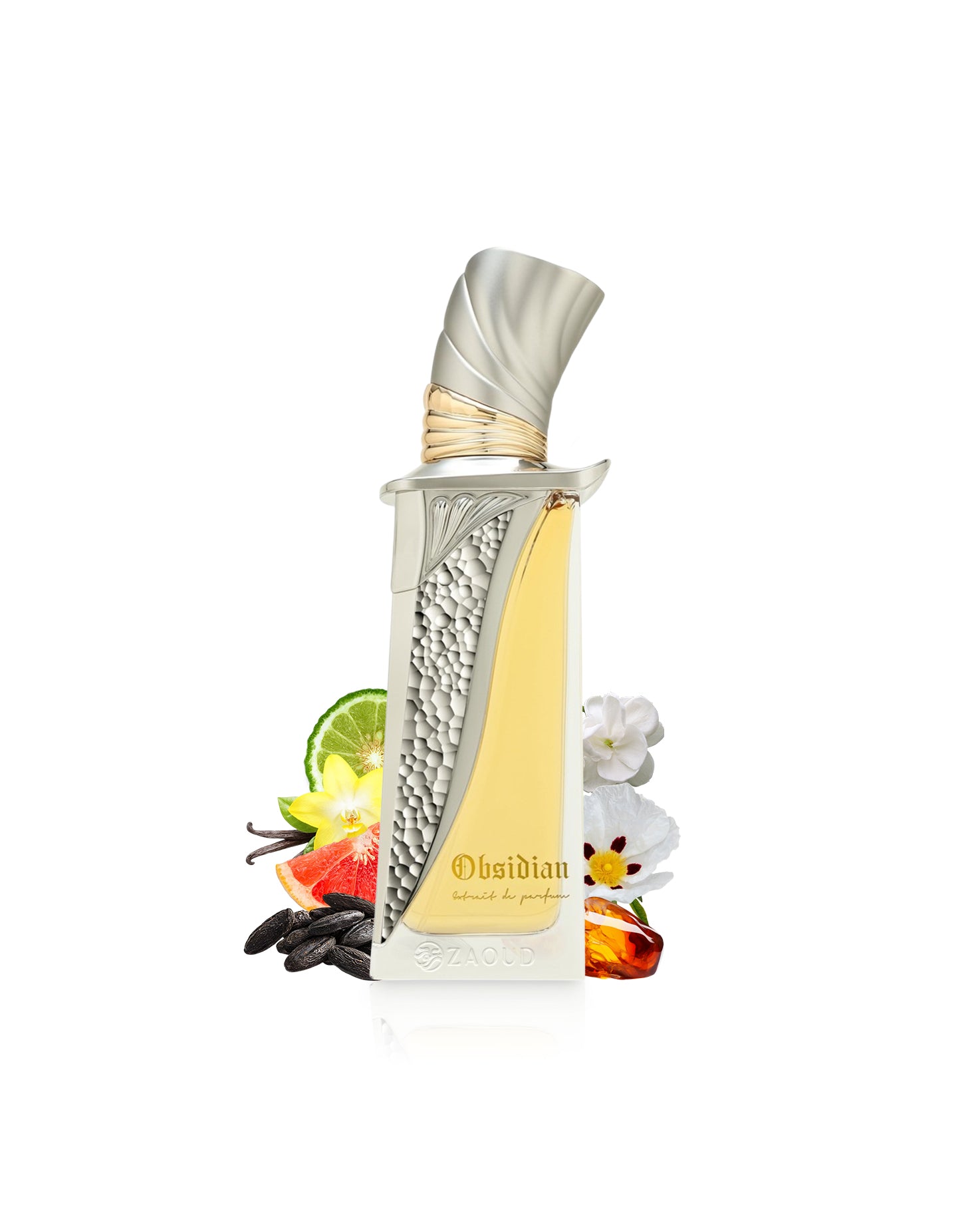 french avenue obsidian perfume bottle surrounded by fragrance notes like tonka and amber shows against white background