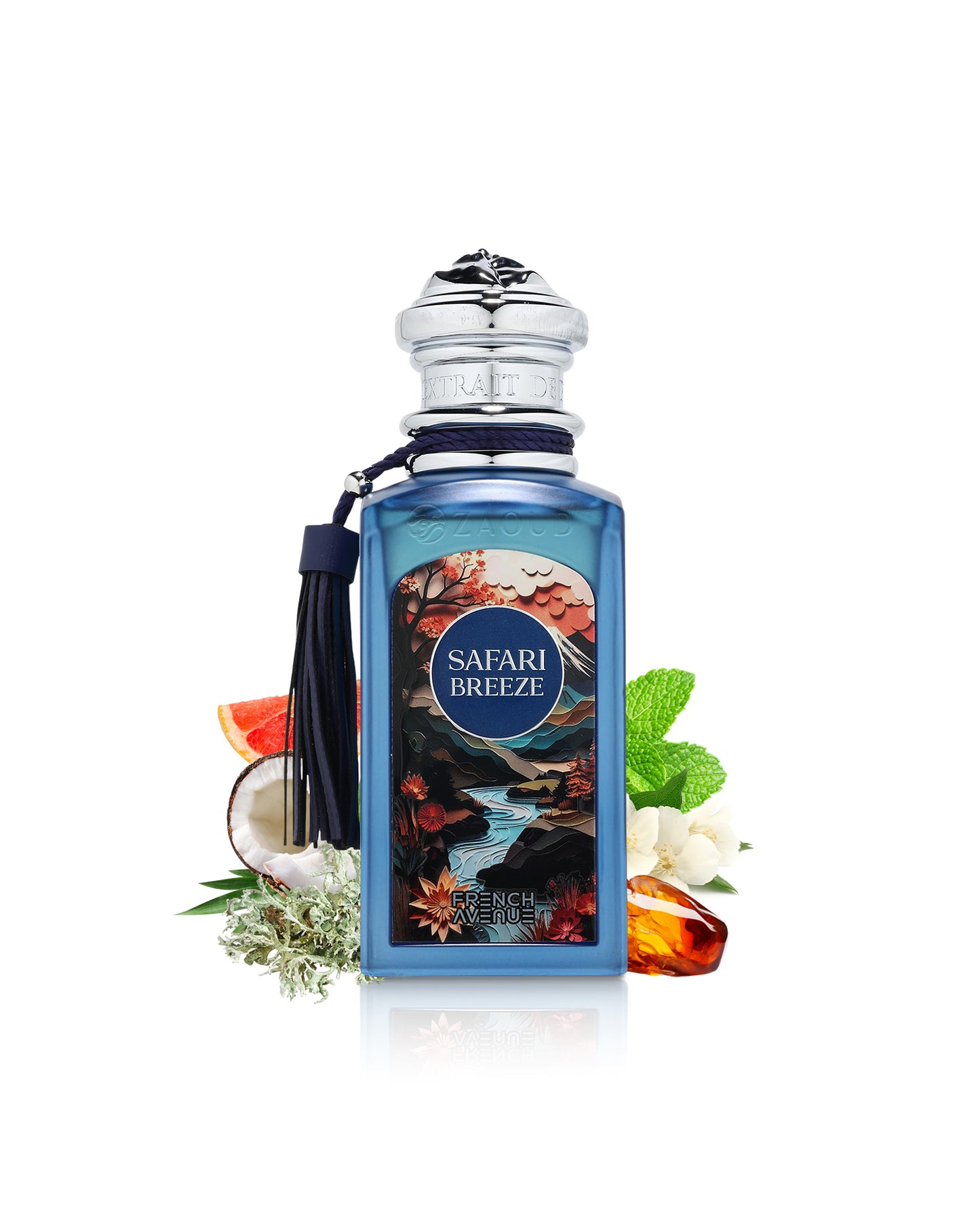 french avenue safari breeze perfume bottle surrounded by fragrance notes like amber and coconut shows against white background