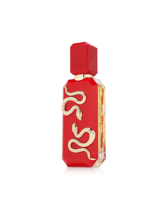 french avenue veneno scarlet red perfume bottle shows against white background