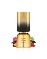 french avenue cosmic tonka parfum bottle surrounded by fragrance notes like saffron and amber shows against white background