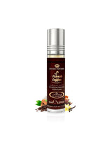 french coffee perfume oil bottle surrounded with fragrance notes like coffee and vanilla shows against white background